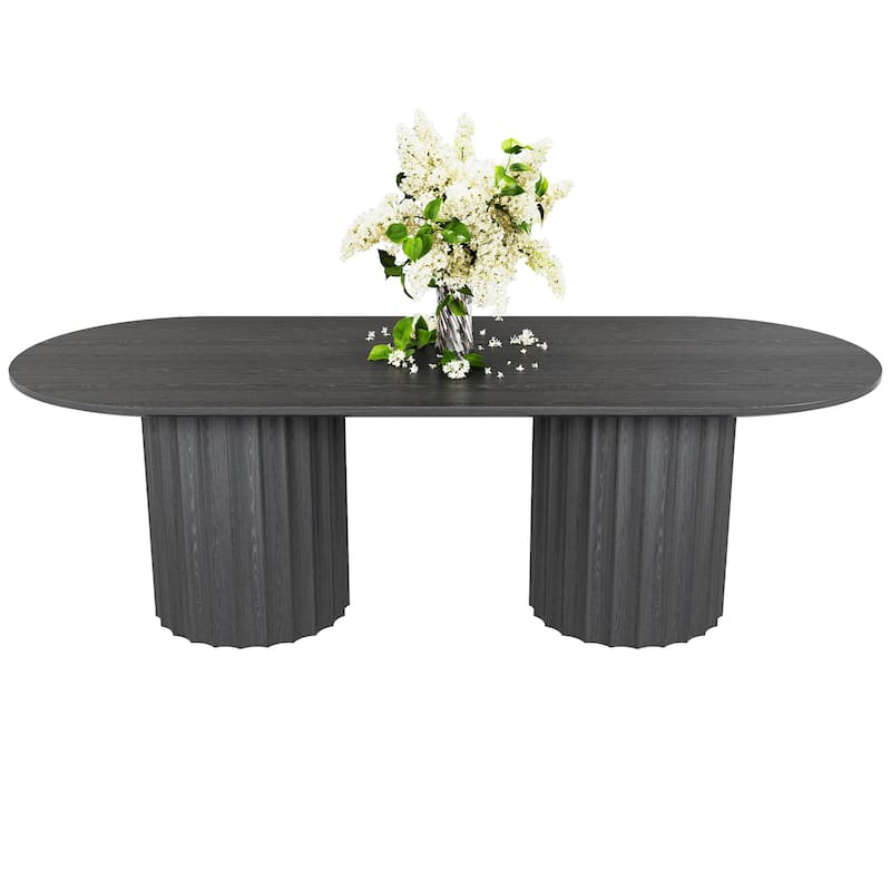 86" Modern Oval Dining Table Set with 8 Upholstered Chairs Black Textured Wood Top & Dual Cylindrical Pedestal Base