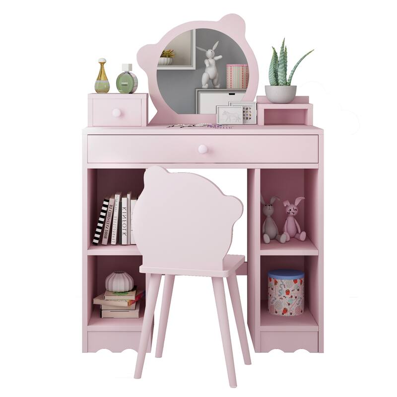 Kids Vanity, 2 in 1 Princess Makeup Desk & Chair Set - Pink - 2-drawer