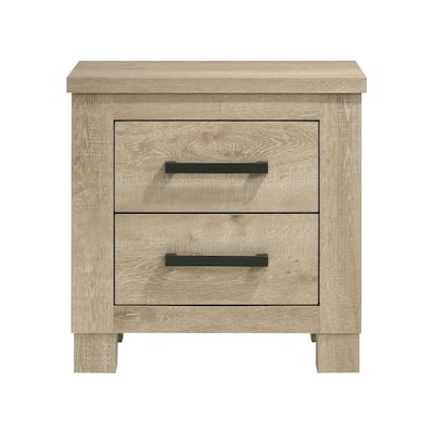 2 Drawers Wooden Nightstand with Dark Bronze Handles in Weathered Oak
