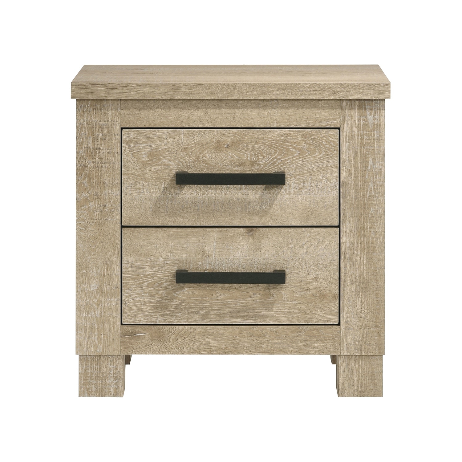 2 Drawers Wooden Nightstand with Dark Bronze Handles in Weathered Oak