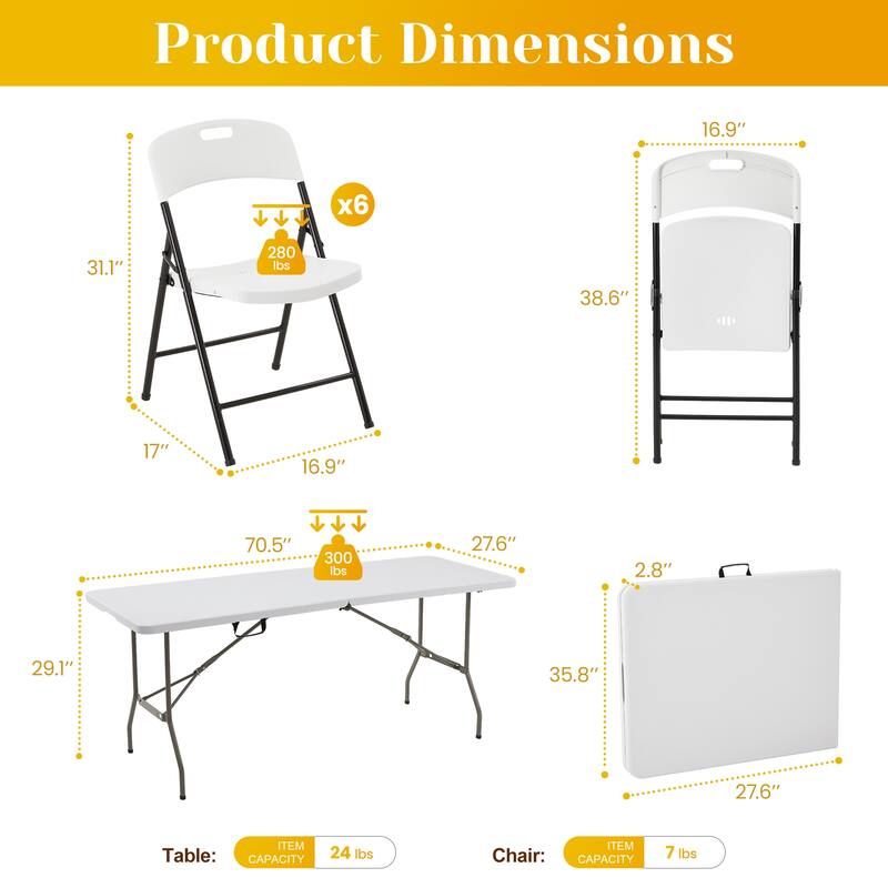 70.5" Foldable Outdoor Dining Set with 6 Fully assembled Dining Chairs