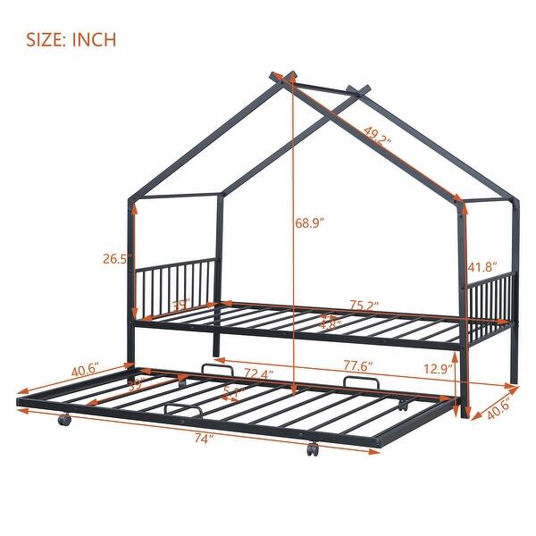 dimension image slide 2 of 3, Twin Size Metal House Bed with Twin Size Trundle