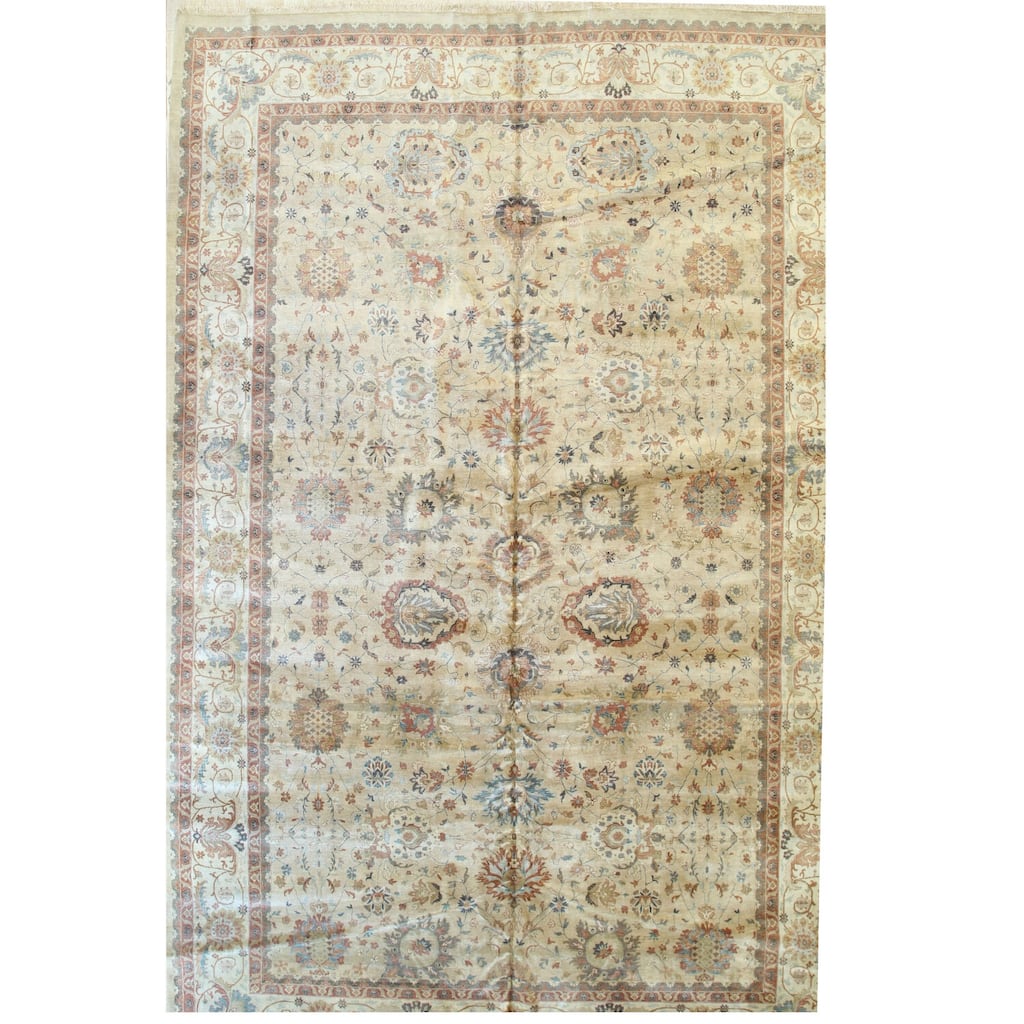 Beige Hand-Knotted Wool Traditional Agra Rug, 12' x 18', Large Luxurious Home Rug - L