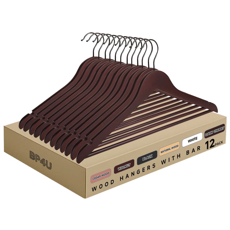 BP4U Premium Solid Wood Hangers with Non-Slip Trouser Bar, Heavy-Duty Suit Coat Wooden Hangers for Jackets, Shirts, and Dresses - 12-Pack - Dark Cherry