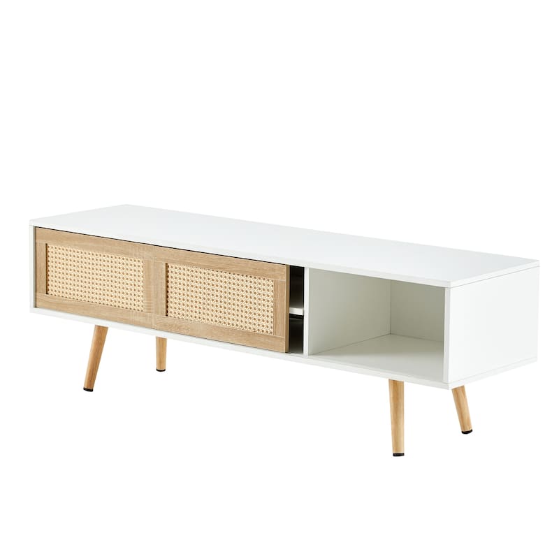 55.12" Rattan TV cabinet, double sliding doors for storage, adjustable shelf, solid wood legs, TV console