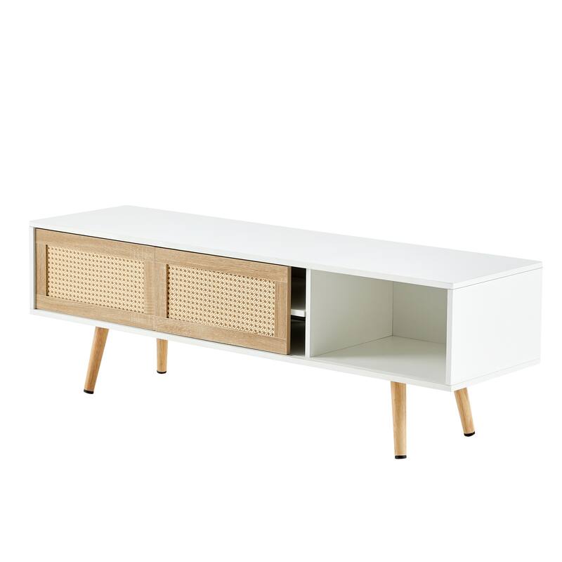 Rattan TV Cabinet with Double Sliding Doors Storage & Adjustable Shelf, Living Room Entertainment Center with Solid Wood Legs