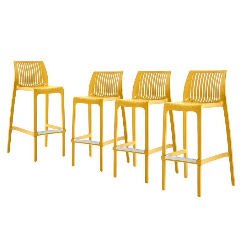 HomeRoots Set of Four 30" Yellow Heavy Duty Plastic Outdoor Bar Height Chairs