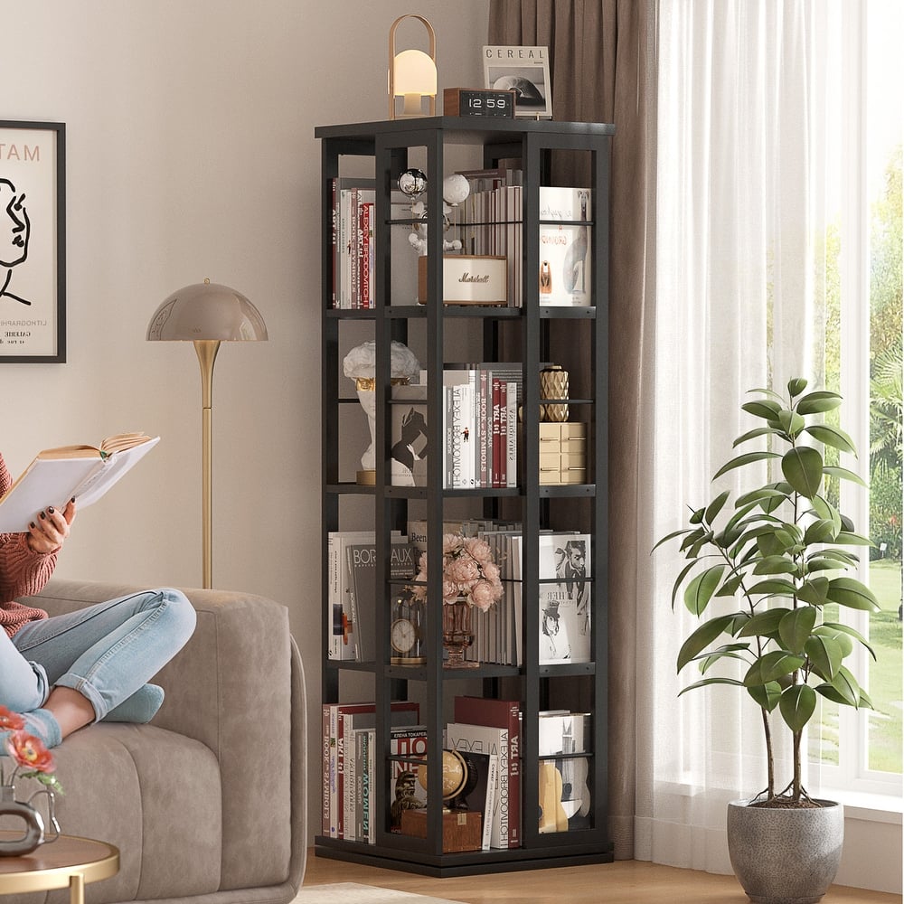 4-tier Corner Rotating Bookshelf, 360 Display Wood Spinning Bookshelf, Floor Standing Bookcase Organizer Storage Rack