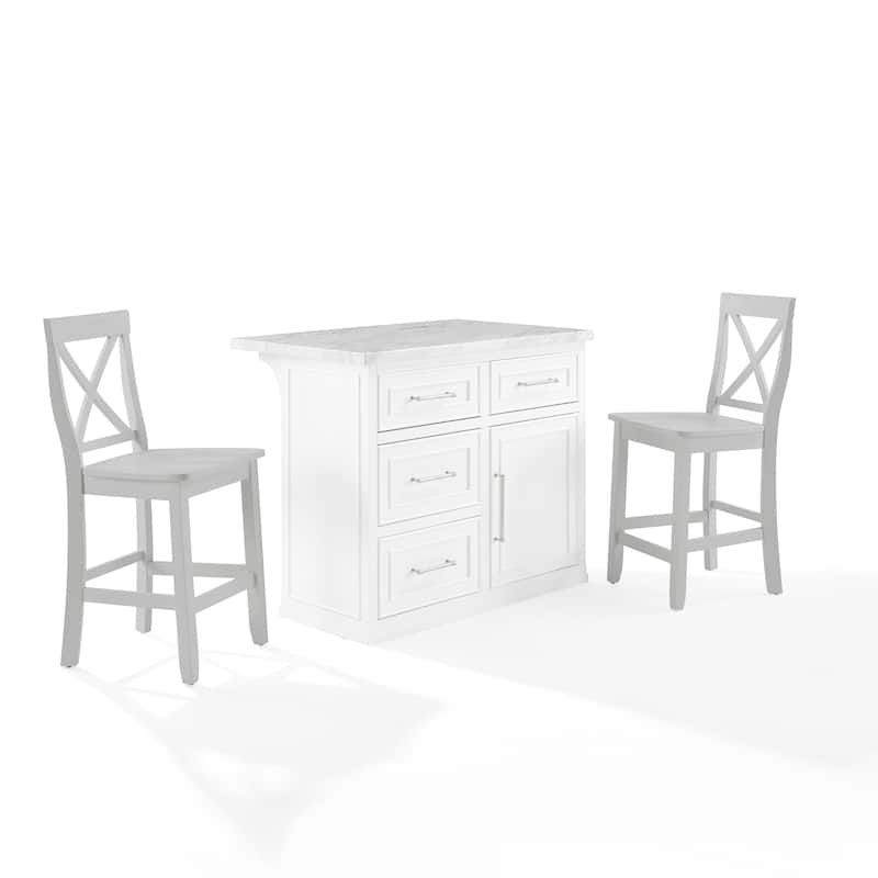Crosley Cutler Faux Marble Top Kitchen Island W/X-Back Stools - 56"d x 42"w x 41"h