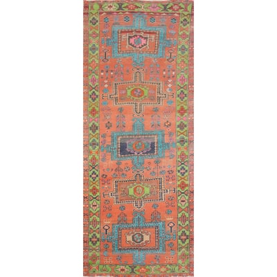 Hand Knotted Oriental 100% Wool Carpet Traditional Geometric Oranges & Rust Heriz Runner Rug - 8' 8'' X 3' 0''