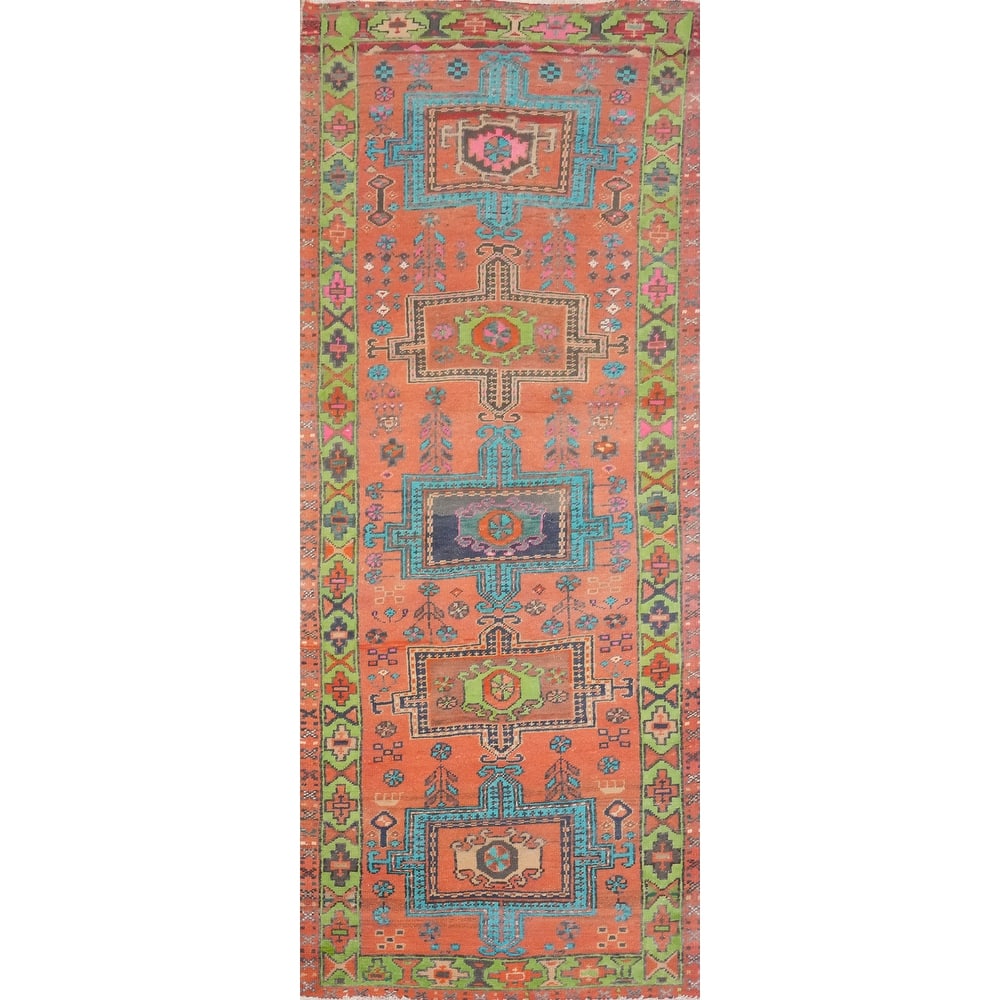 Hand Knotted Oriental 100% Wool Carpet Traditional Geometric Oranges & Rust Heriz Runner Rug - 8' 8'' X 3' 0''