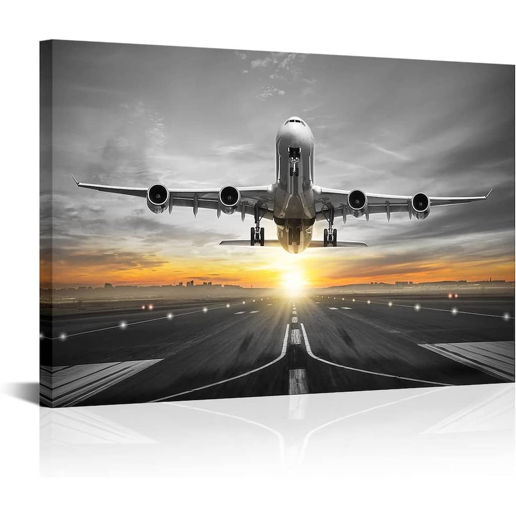 Airplane Plane Flying Over Runway Canvas Wall Art