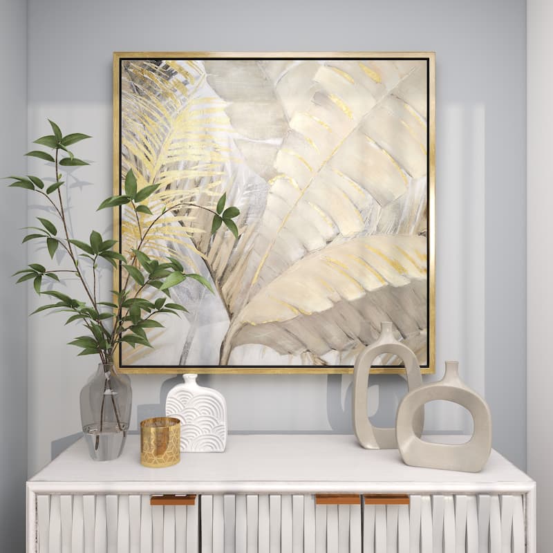 Canvas Leaf Palm Living Room Framed Wall Art with Gold Frame - Brown - CosmoLiving by Cosmopolitan