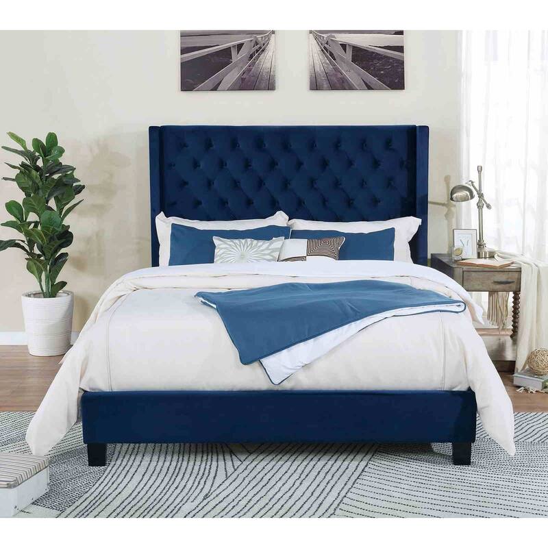 Transitional Navy Finish Button Tufted Headboard 1 piece Platform Bed