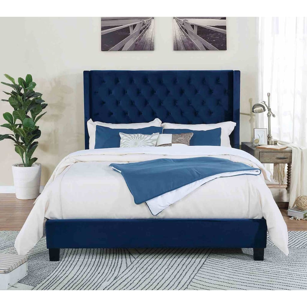 Transitional Navy Finish Button Tufted Headboard 1 piece Platform Bed