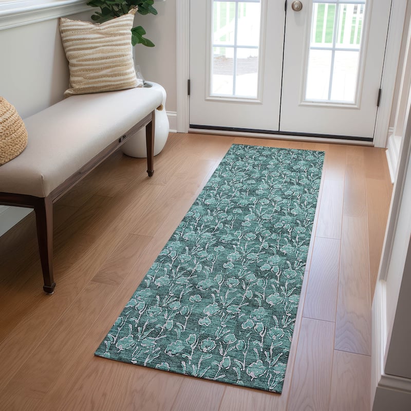Machine Washable Indoor/ Outdoor Chantille Modern Floral Impressions Rug - Teal - 2'3" x 7'6"