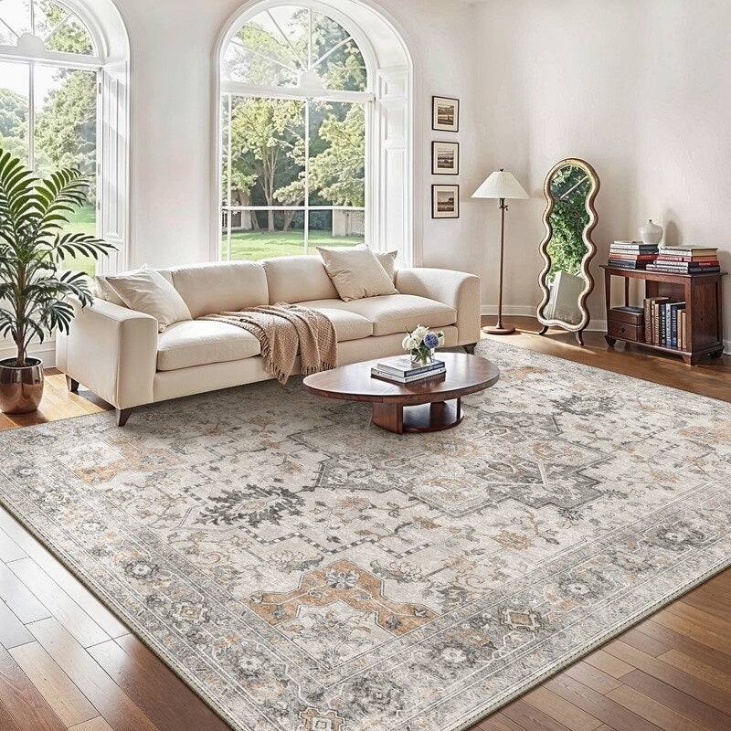 Mcow Vintage Light Taupe Brown Floral Low Pile Machine Washable Runner Rug