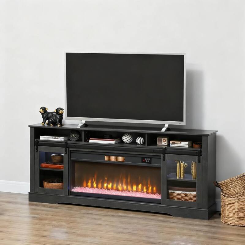 Farmhouse Fireplace TV Stand for TVs up to 80", TV Console TV Cabinet with 36" Electric Fireplace - Gray