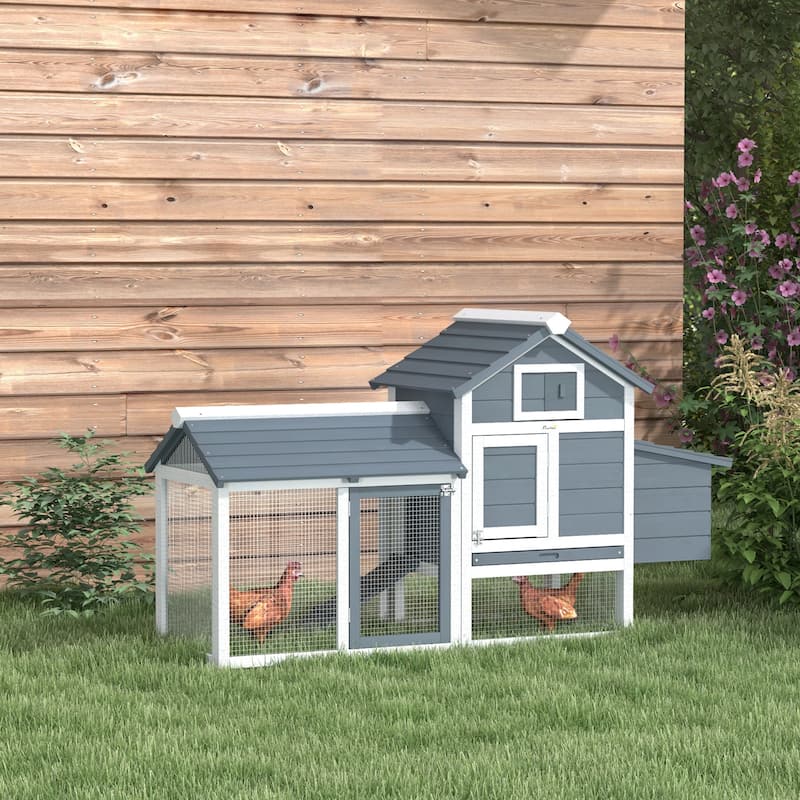 PawHut 59" Solid Enclosed Outdoor Backyard Chicken Coop Kit with Nesting Box,Grey