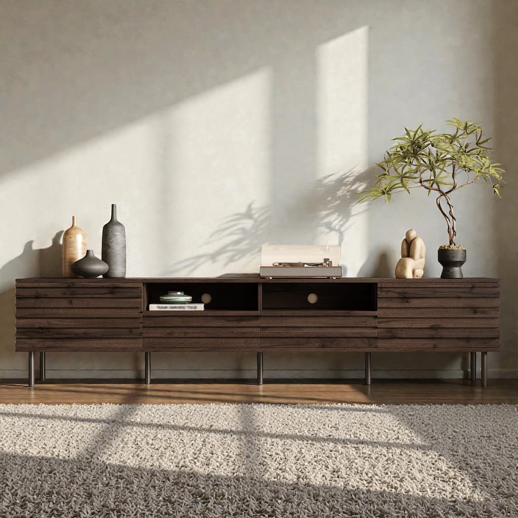 78.7" Modern Walnut TV Stand for TVs up to 85 Inch, Entertainment Center with Slatted Doors, Soft-Close Hinges