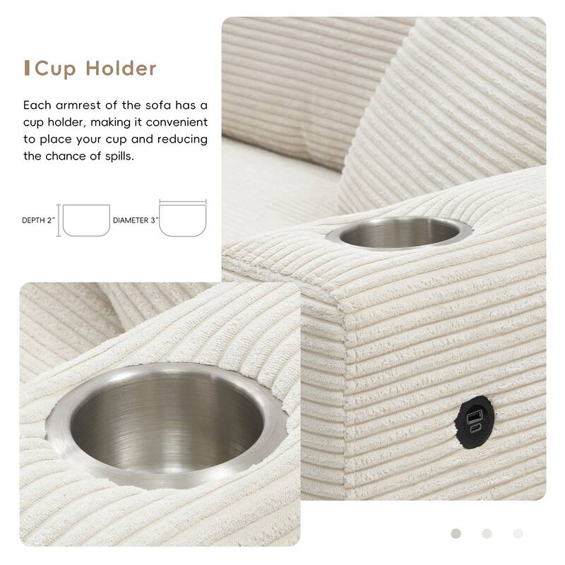 Spacious 4-Seater Corduroy Cloud Couch with Chaise, USB Charging Ports, and Cup Holders