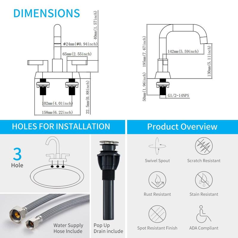 Modern 2 Handle 360° Swivel Bathroom Sink Faucet with Pop Up Drain and Water Supply Line, Anti Fingerprint, Anti Rust