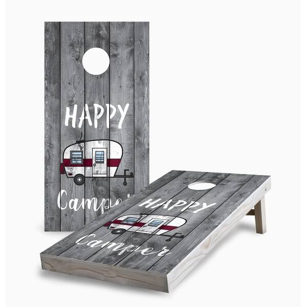 slide 2 of 7, Happy Camper Cornhole Game (Choose Wraps or Boards) 2x4 Boards (24" x 48") - Include ALL Accessories