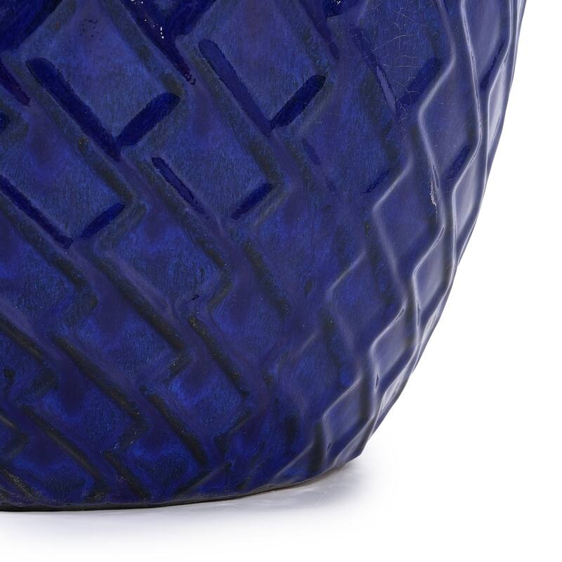 Handmade Ceramic Planter Pot, 17"Diameter, 1 Piece, Navy Blue with Diamond Pattern, for Monstera Deliciosa and Fiddle Leaf Fig