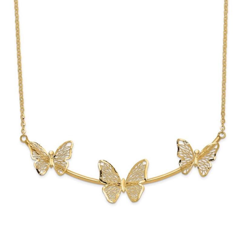 Curata 14k Yellow Gold Filigree 13.25mm Butterfly Necklace, 17+2"