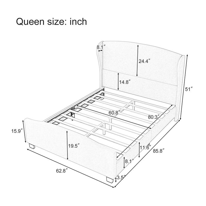 Roomfitters Full/Queen/King Size Upholstered Bed, Wingback Linen Frame, 51" High Headboard, No Box Spring Needed