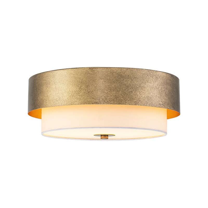 13.8" W Mid-Century Modern Tiered Flower/Circluar Drum Ceiling Light in Distressed Stain Gold with White Fabric Shade