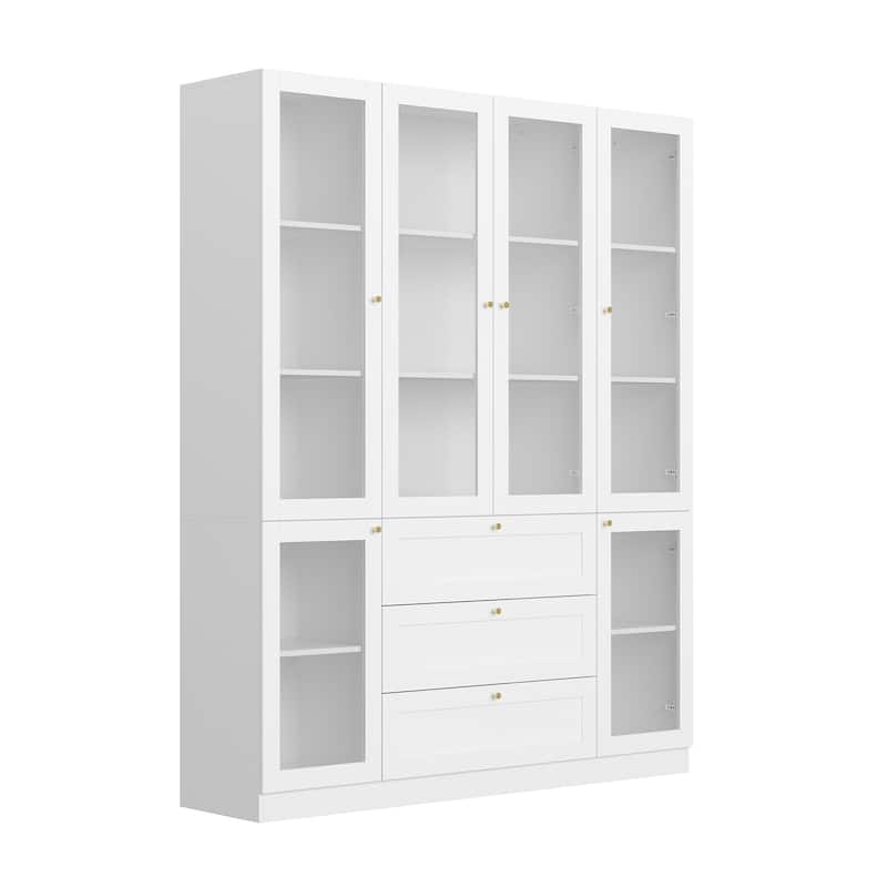 Kitchen Pantry Storage Cabinet with Hutch &Glass Doors & 3 Drawers - 78.7"H