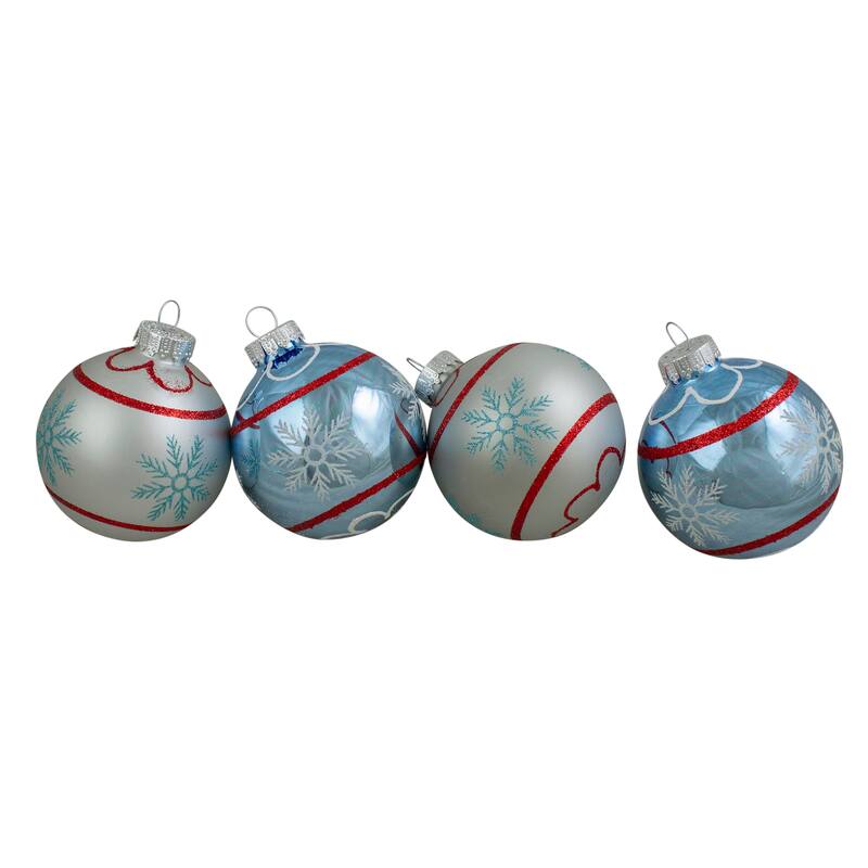 4ct Silver and Blue Snowflake Glass Ball Christmas Ornament 2.75"