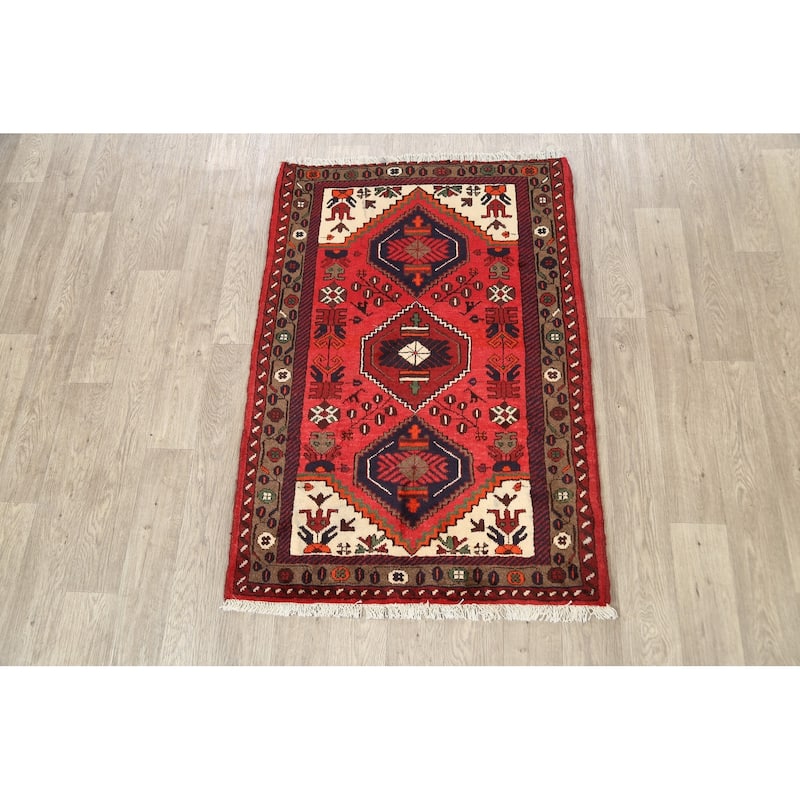 Geometric Persian Hamedan Area Rug Wool Hand-knotted Kitchen Carpet - 3'2" x 4'7"