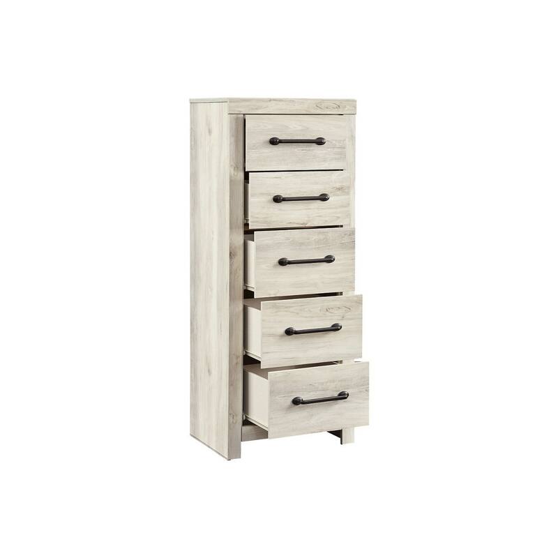 Grained 5 Drawer Wooden Chest with Bar Pull Handles, Distressed White