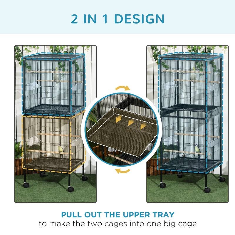 Dual-Compartment Steel Bird Cage with Removable Tray & Rolling Casters — Black - 20.5" W x 19.75" D x 55" H.