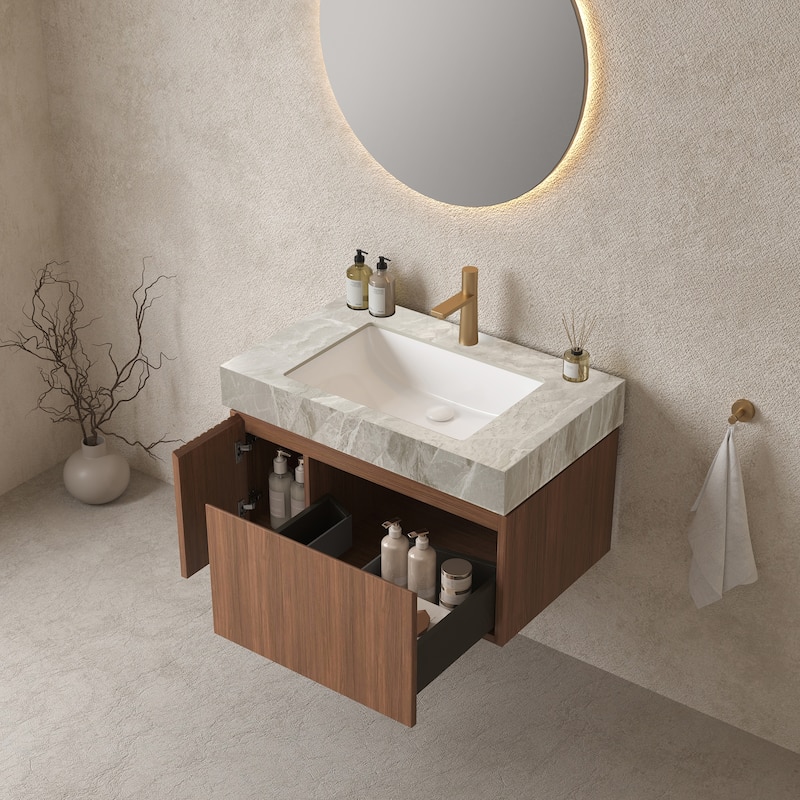 GDFStudio - Muri Modern 30" Floating Bathroom Vanity, Light Gray Sintered Stone Countertop with Ceramic Basin, WITHOUT Faucet - Brown Oak