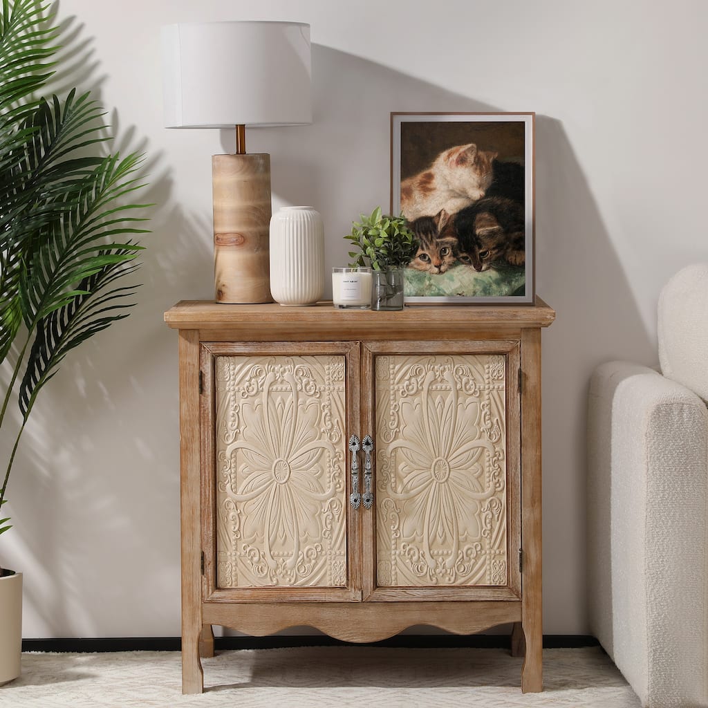2-Door Accent Cabinet with Magnetic Latches – 2 Layers, Solid Wood, P2 MDF, Rustic Beige Finish - N/A