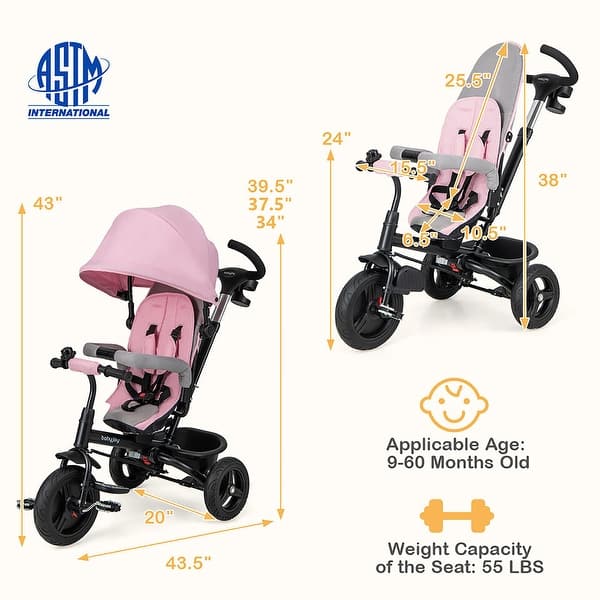 dimension image slide 0 of 3, Gymax 4-in-1 Baby Tricycle Toddler Trike w/ Reversible Seat Canopy &