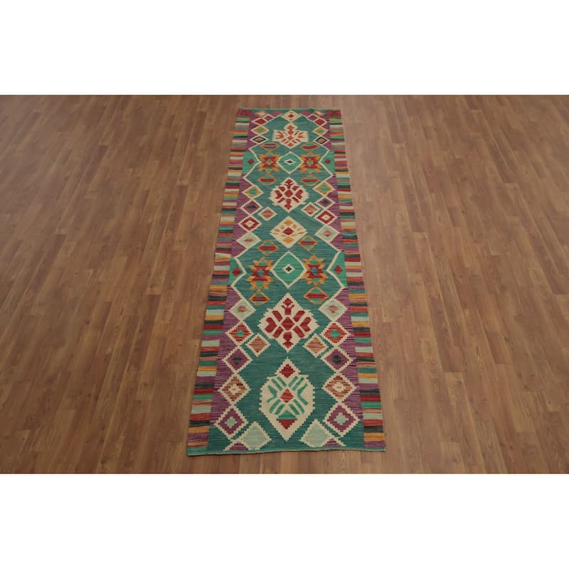 Hand Woven Oriental 100% Wool Carpet Southwestern Tribal Green Kilim Runner Rug - 9' 6'' X 2' 9''