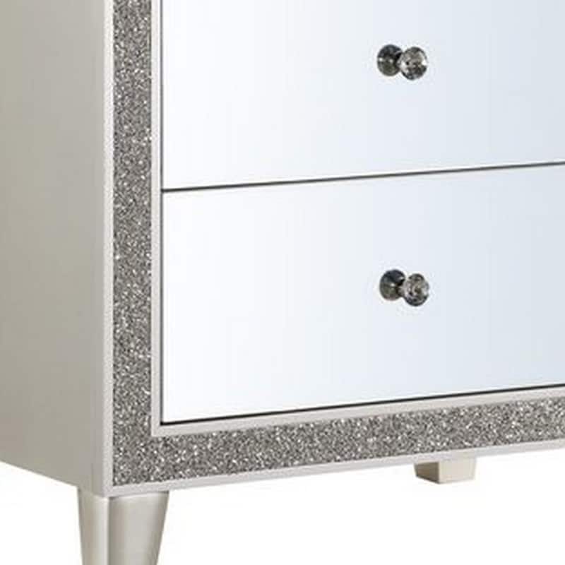 Nightstand with Mirrored Front 2 Drawers, Champagne Silver