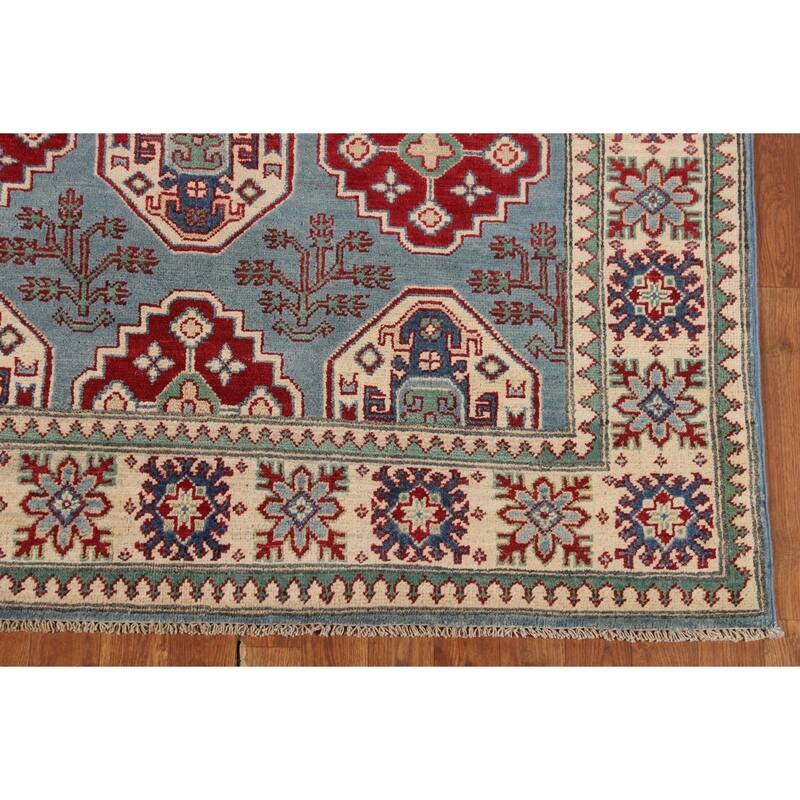 Light Blue Geometric Kazak Rug Hand-Knotted Oriental Wool Carpet - 4'11" x 6'8"
