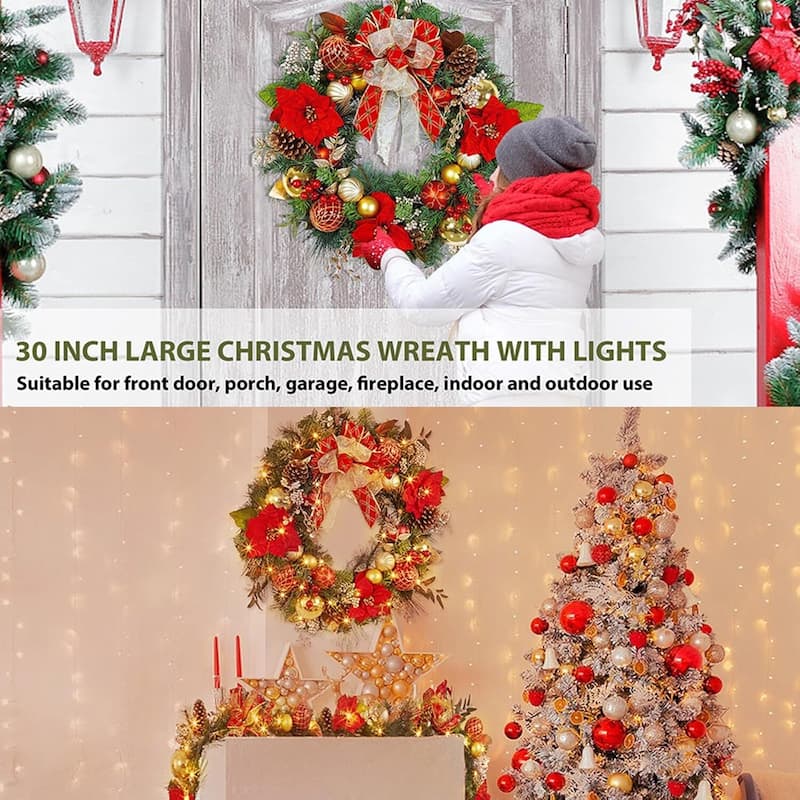 30 Inch Lighted Christmas Wreath with Red Gold Balls for Front Door - N/A