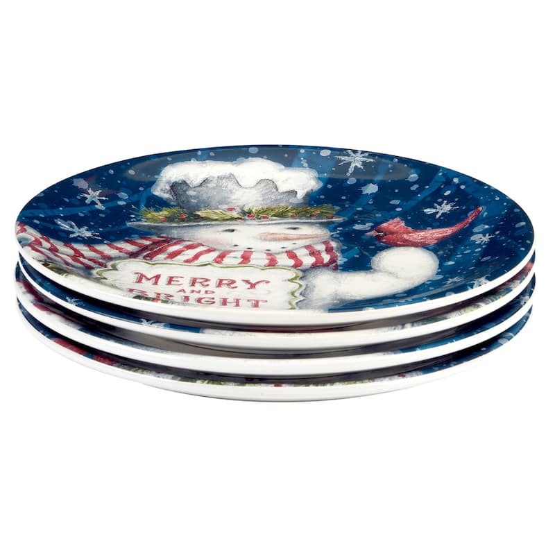 Certified International Snowman Greetings 9" Salad/Dessert Plates, Set of 4 Assorted Designs - 9" Diameter x 1"