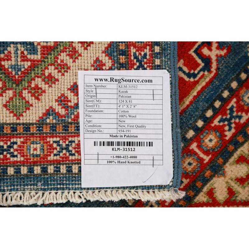 Blue Kazak Foyer Rug Hand-Knotted Traditional Wool Carpet - 2'8"x 4'1"