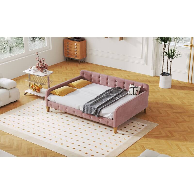 Full Size Velvet Upholstered Daybed Frame with Tufted Backrest & 4 Legs