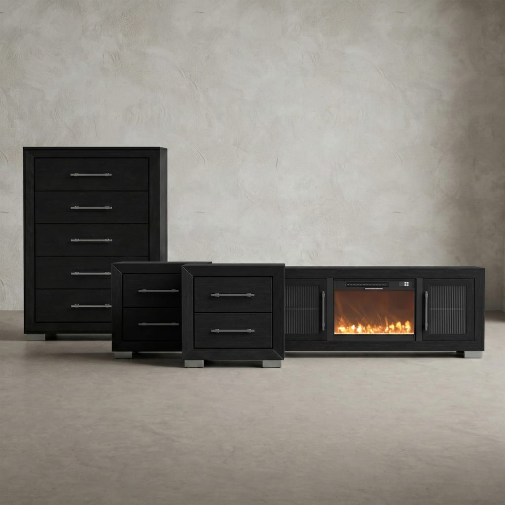 Furniture of America Alaric Modern Black Solid Wood 60-inch Fireplace TV Stand, Chest and 2 Nightstands Bedroom Set
