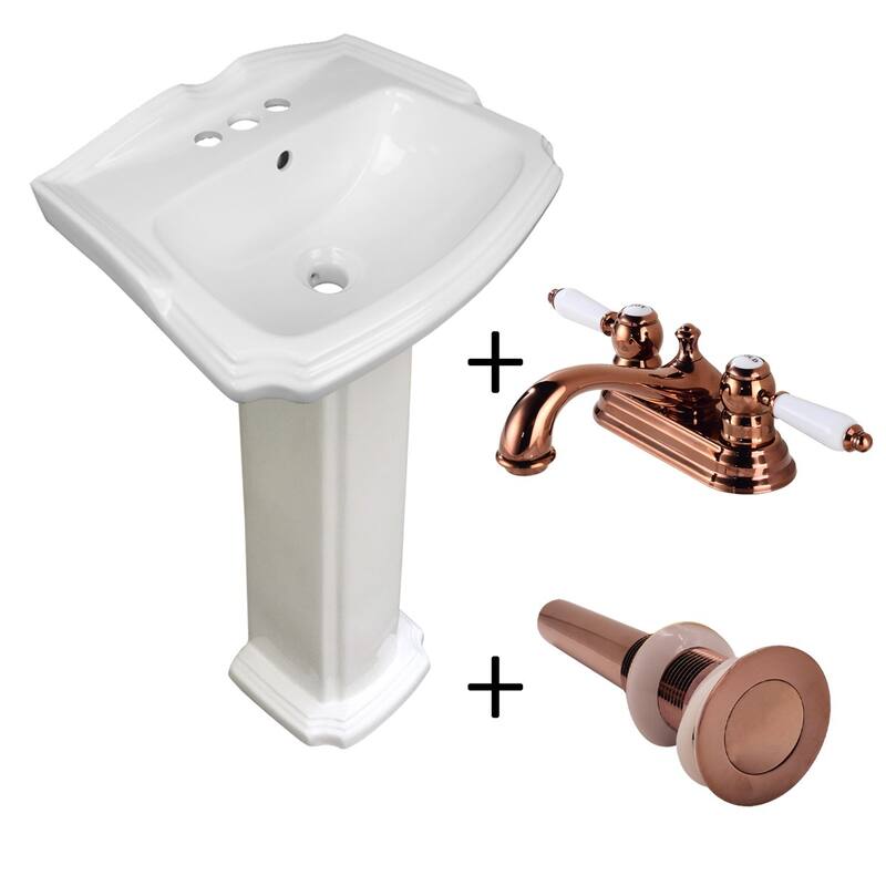 19" W Small White Porcelain Pedestal Bathroom Sink, Pedestal Leg, 4" Faucet, Drain and Overflow