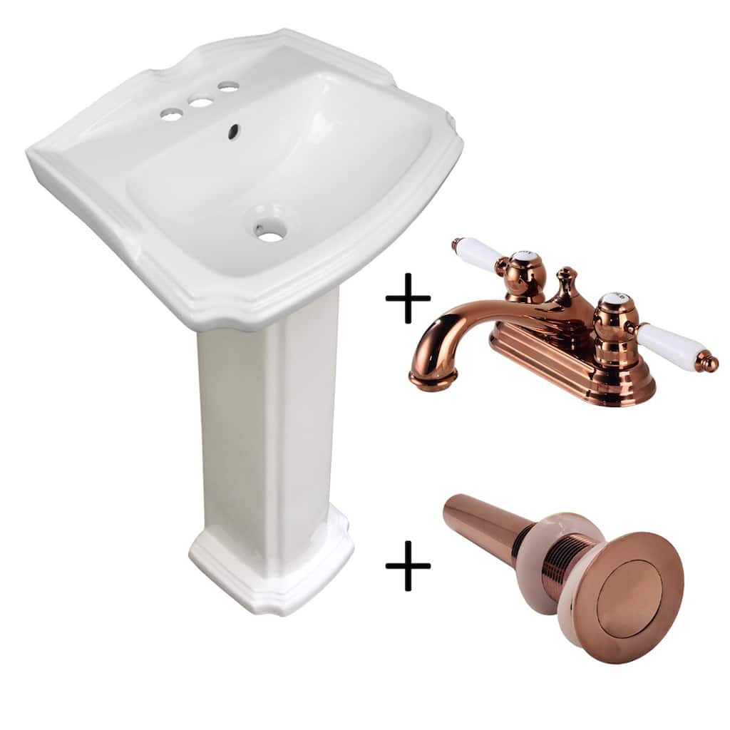 19" W Small White Porcelain Pedestal Bathroom Sink, Pedestal Leg, 4" Faucet, Drain and Overflow