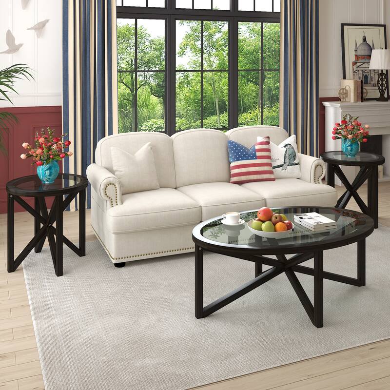 Modern simple glass coffee table, tempered glass coffee table solid wood base round transparent glass top